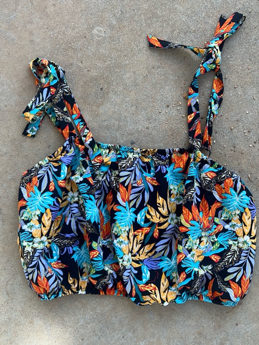 Lily Rose Tropical Floral Tie-Shoulder Crop Top in Black, Turquoise & Orange